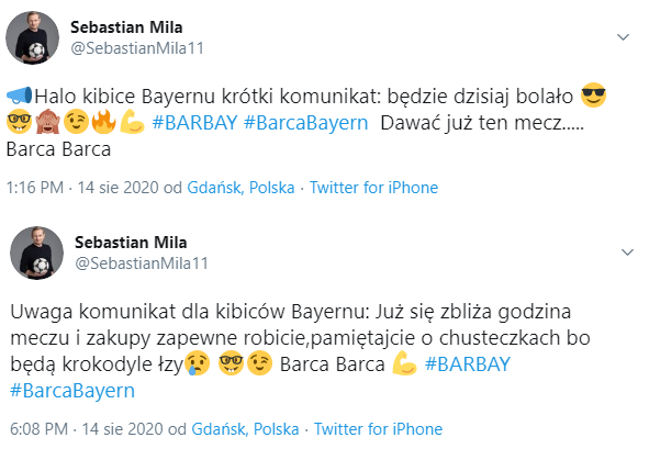 TWEETY Sebastiana Mili przed rozpoczęciem meczu Barcy z Bayernem xD